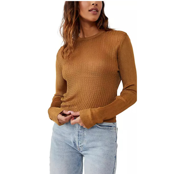 Free People Tops - Free People H2O Crew Neck Pullover Top Tiger Eye Brown XSmall Sheer Crop NWT